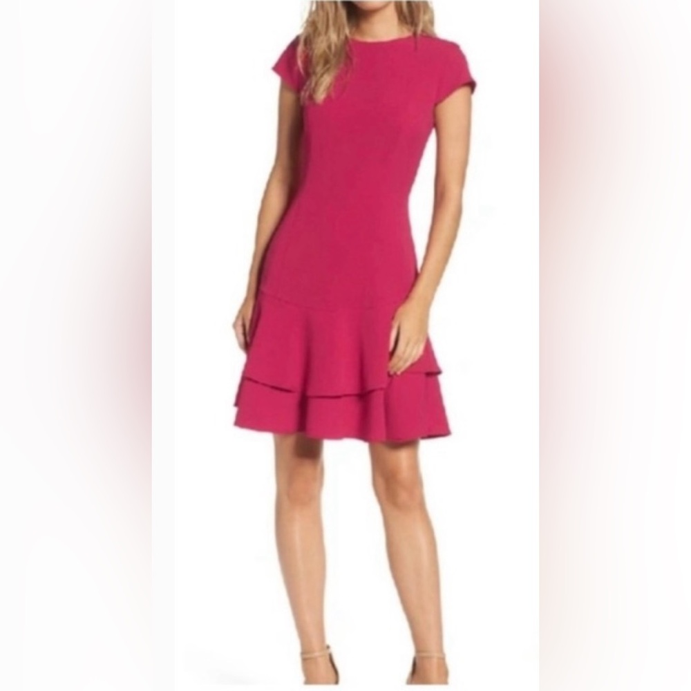 Eliza J Capped Sleeve Berry Pink Crepe Flounce Dropped Waist Sheath Dress ZB4